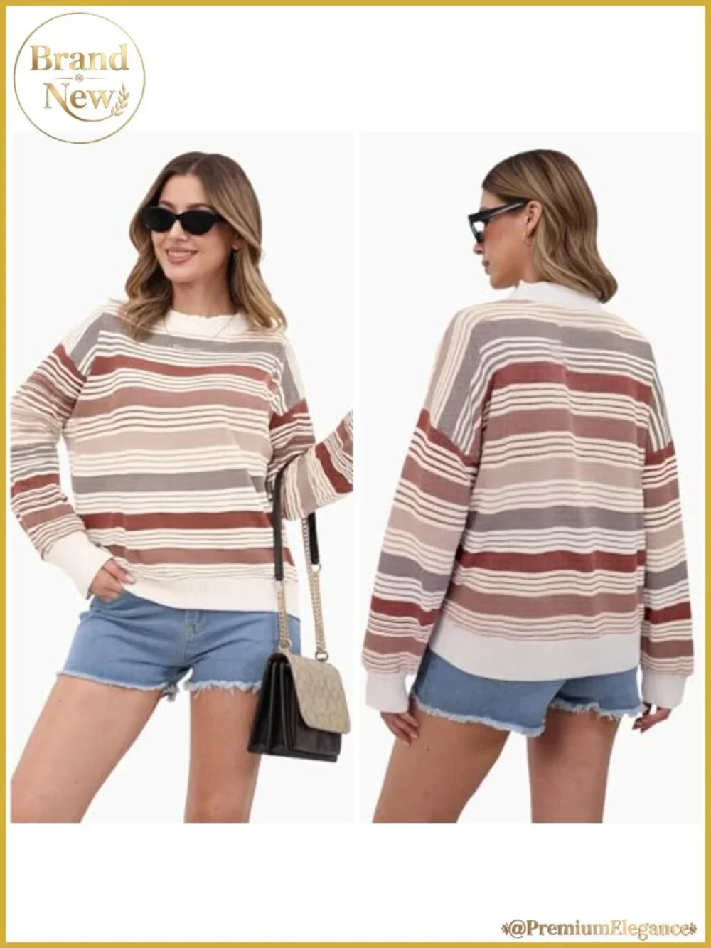 Womens Oversized Striped Pullover Sweater Long Sleeve Crew Neck Winter Knit Top